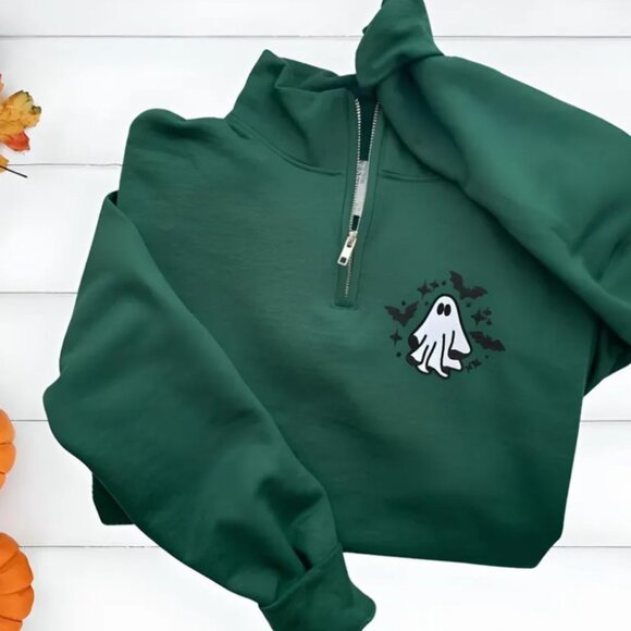Halloween Embroidered Unisex Collar Quarter-Zip Sweatshirt, Ghost Sweatshirt - Picture 1 of 2